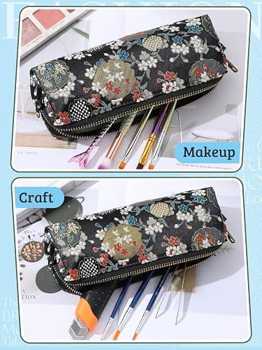 Bigmeta Floral Embroidery Pencil Case for College Girls - Cute Pencil Pouch with Smooth Zipper, Aesthetic Pen Bag for Students Back-to-School Birthday Gifts, Black thumbnail 5