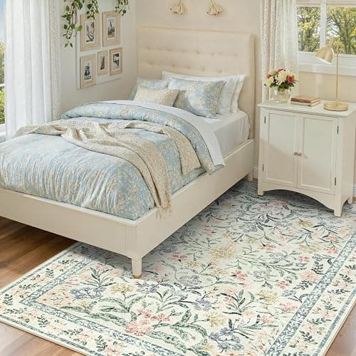 Wonnitar Boho Floral Washable Rugs 5x7, Soft Area Rugs for Bedroom, Ultra-Thin Non Slip Beige Area Carpets, Flower Print Decor Carpet for Living Room Nursery Dining Room Office thumbnail 2