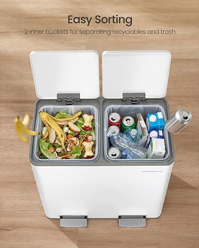 SONGMICS Trash Can, Double Compartment Garbage Can, Stainless Steel | 2 X 8 Gallon (2 x 30 L) for Recycling, with 15 Liner Bags, Soft-Close Lids, Removable Buckets, White ULTB160WZ01 thumbnail 7