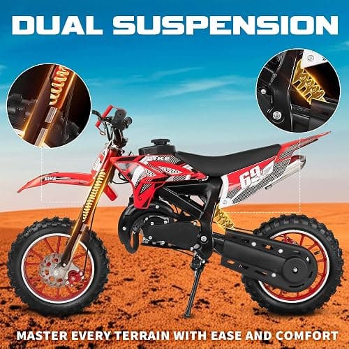 Kids Dirt Bike 49CC 2-Stroke Gas Powered Off Road Dirt Bike, Tire Shock Absorber Spring Soft Seat Cushion with Front and Rear Disc Brake Max Speed 28 MPH thumbnail 4