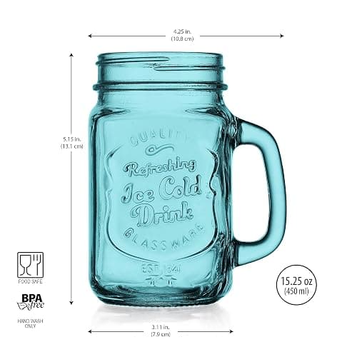 Glaver's Mason Jar Drinking Glasses Set Of 4, 15 oz. Colored Mugs With Embossed Ice-Cold Drinkware Logo, Glass Mason Jar Mug With Handle. For Smoothies, Cocktails, Beverages. Hand Wash thumbnail 3
