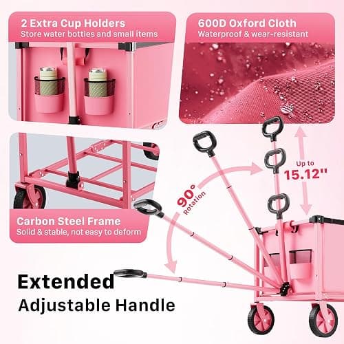 Hombetta Collapsible Wagon Cart with Wheels, 150L Lightweight Foldable Utility Cart, Portable Rolling Wagon for Garden, Shopping, Sports, Camping, Transport, Pink thumbnail 6