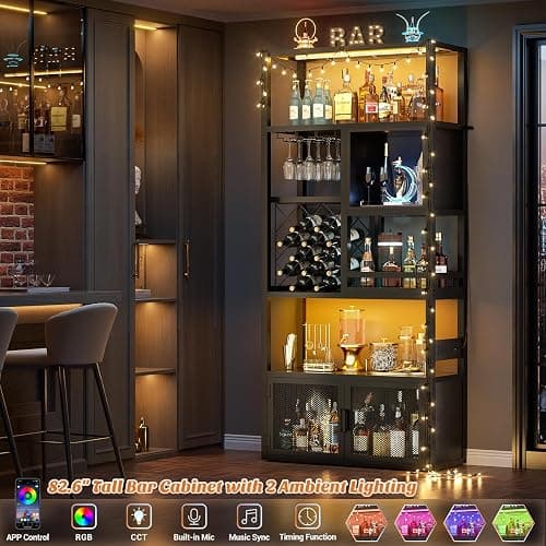 Armocity 82.6" Tall Bar Cabinet with Power Outlets & LED Lights, Liquor Cabinet Bar for Home, Reversible Coffee Station Wine Cabinet with Glass Holder & Wine Rack for Small Space, Black thumbnail 4
