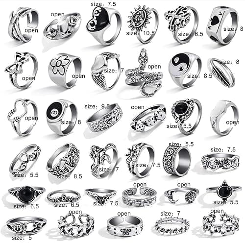 17IF 26-35 Pcs Vintage Silver Knuckle Rings Set for Women Men, Grunge Gothic Rings Chunky Aesthetic Snake Stackable Adjustable Punk Bulky Finger Alt Fairy Skull Frog Heart Star Flower Midi Ring Pack thumbnail 6