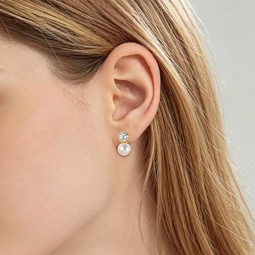 18K Gold Plated 925 Sterling Silver Round CZ Drop Pearl Earrings for Women thumbnail 3