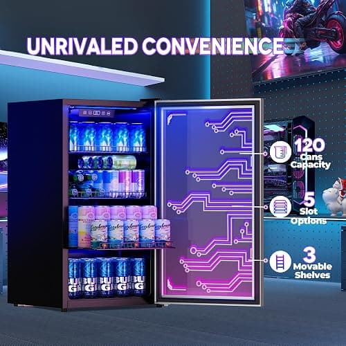 Manastin Gaming Light Up Beverage Refrigertor, Led Lighting Door 120 Cans Freestanding Beverage Fridge, Cyberpunk Beverage Cooler for Gaming, Gaming Room, Bar, Party (Lighting) thumbnail 5