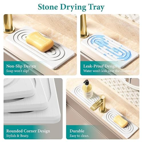 MAGKOTA Water Absorbing Stone Tray, Quick Drying Diatomite Bathroom Tray Countertop, Stone Drying Mat for Kitchen Counter, Soap Dish Dispenser Vanity Organizer, White-A-8.3" x 4" thumbnail 4