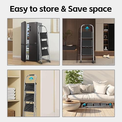 Step Ladder Foldable Folding Stool - for Home Adults Kitchen 3 Stepping Extension Tall Heavy Duty with Handrails - Closet Stepstool Stair Ladders Extendable Stepladder for Indoor House 600Lbs thumbnail 7