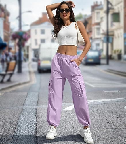 Women's High Waisted Cargo Pants Baggy Trendy Hiking Parachute Pants with Pockets Y2K Cargo Trousers Drawstring Ankles thumbnail 5