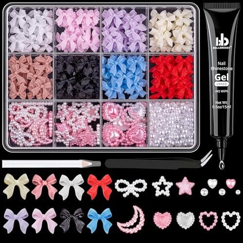 600 Pcs 3D Nail Charms and Flatback Pearls #1, 8 Colors Nail Bows + Pink&White Star Heart Moon Cute Bow Charms + 2-6mm White Pearls for Nail Art Design with Nail Charm Glue(UV Needed) and Pickup Tools - Image 1