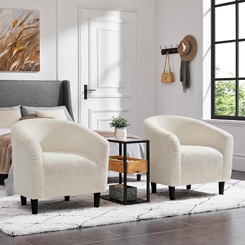 Yaheetech Furry Tub Chair, Fuzzy Accent Armchair Sherpa Fabric Club Chair Boucle Barrel Chair Upholstered for Living Room Dining Room Office Reception Cafe Bar, Ivory, 2pcs thumbnail 3