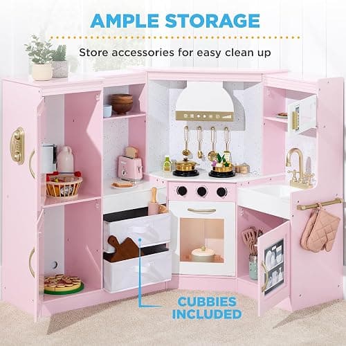 Best Choice Products Pretend Play Corner Kitchen, Ultimate Interactive Wooden Kids Playset w/Lights & Sounds, Ice Maker, Hood - Bevel Pink thumbnail 4