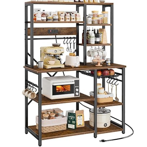 SUPERJARE Large Bakers Rack with Power Outlets, 6-Tier Microwave Stand, Coffee Bar with 12 S-Shaped Hooks, Kitchen Shelf with Wire Basket, 39.4 x 14.6 x 66.9 Inches, Rustic Brown - Image 1