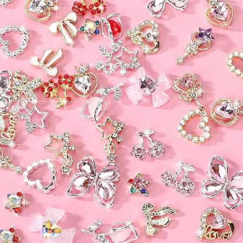 CUBLIVE 24PCS Nail Charms Y2k Alloy Nail Art Rhinestone Charms 3D Heart Star Bow with Rhinestones Cherry Nails Gems Shiny Jewelry Nails Decorations Accessories Supplies (AD24) thumbnail 2