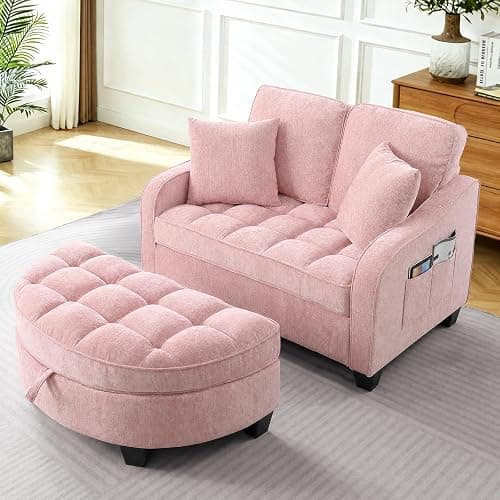 Chaise Lounge Chair Indoor with Storage Ottoman, Comfy Chenille Tufted Loveseat Sofa Chair with Adjustable Backrest, Upholstered Lounge Sofa Chairs with 2 Pillows & Side Pockets for Living Room, Pink thumbnail 8