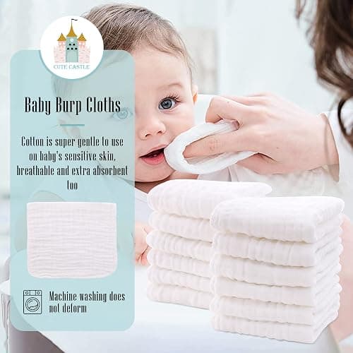 Cute Castle 12 Pack Muslin Burp Cloths for Baby - Ultra-Soft 100% Cotton Baby Washcloths - Large 20'' by 10'' Super Absorbent Milk Spit Up Rags - Burpy Cloths for Unisex, Boy, Girl - White thumbnail 4