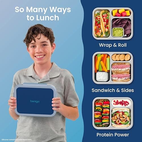 Bentgo Stainless Steel Lunch Box - Leak-Proof, 3 Compartments, 4.3-Cup Capacity, Ideal for Kids 3+, Teens & Adults, Durable, Reusable (Navy) thumbnail 4