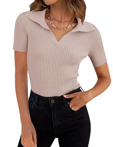 ZESICA Women's Short Sleeve V Neck T Shirts 2025 Summer Ribbed Knit Slim Fitted Basic Solid Color Tee Tops - Image 1