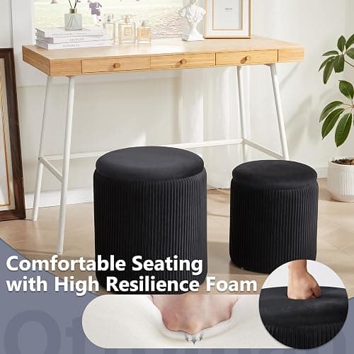 Royal Windsor Round Ottoman with Storage Set of 2,Vanity Stool with Storage for Bedroom, Ottoman Coffee Table,Small Velvet Foot Stool for Living Room, Black thumbnail 5