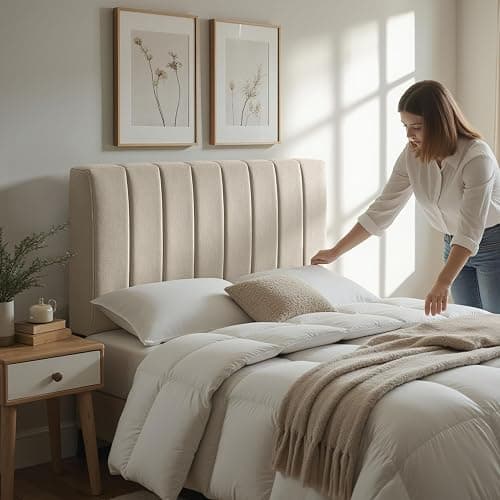 Upholstered Full Headboard - Easy Assemble Channel Stitched Headboard Full Size - Wall Mounted Headboards with 3D Soundproof Wall Panels Peel & Stick Floating Headboards, Beige thumbnail 7