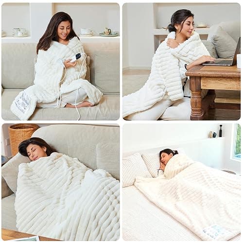 AEPINBH Heated Electric Blanket Throw: 6-Level Fast Heating, 4-Hour Auto-Off, Soft&Warm Stripe Faux Rabbit Fur, for Couch Home Office, with Overheating Protection & ETL Certified(50 x 60,Milky White) thumbnail 7