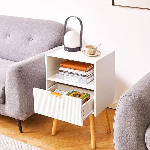 Aibiju Nightstand with Storage Drawer, Modern Bedside Table with Liner Drawer and Solid Wood Legs, Small End Table with 2-Tier Storage, White YD-TM061W thumbnail 7