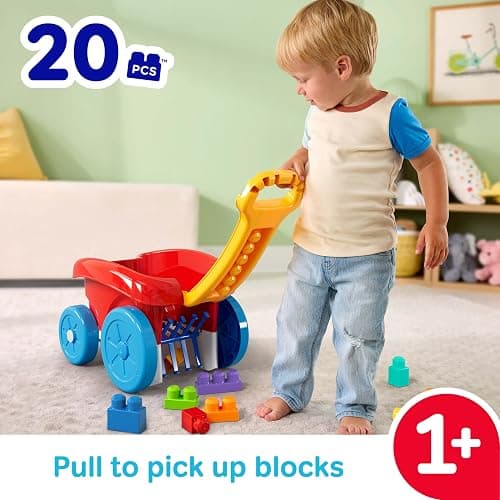 MEGA BLOKS First Builders Toddler Building Toy, Block Scooping Pull Wagon with 20 Pieces and Built-in Storage, Picks Up Blocks, Red, Kids Ages 1+ thumbnail 3
