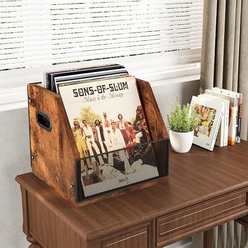Homeiju Vinyl Record Storage, Record Box Case Crate, Vinyl Record Album Holder, Metal & Wooden LP Record Crate, Holds up to 60 Records thumbnail 2