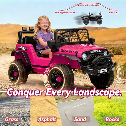 Blissride 24V Jeep Power Wheels w/Remote Control, 4WD Ride on Truck Car, 3 Speed, Bluetooth Music, Wide Seat, Spring Suspension, LED Light, Birthday for Boys Girls Toddler (Black+Pink) thumbnail 7