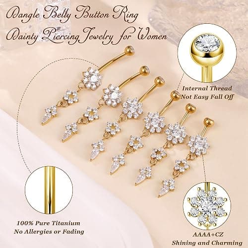 Masedy Pure Titanium Dangle Belly Button Rings for Women Internally Thread Curved Barbell Belly Rings Dangling Navel Rings CZ Flower Navel Piercing Jewelry 6-16mm thumbnail 4
