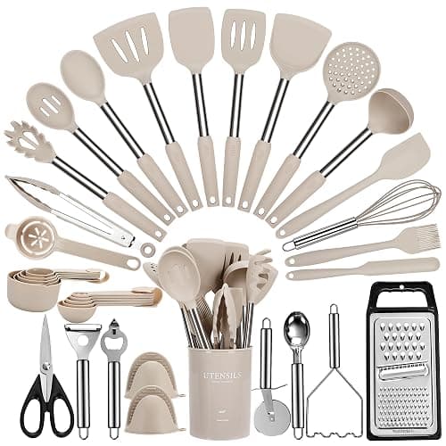 Cooking Utensils Set, 35Pcs Silicone Kitchen Utensils Set with Holder, 446°F Heat Resistant Food Grade Spatula Set, BPA Free Kitchen Gadgets for Non-stick Cookware, Easy to Clean (Khaki) - Image 1