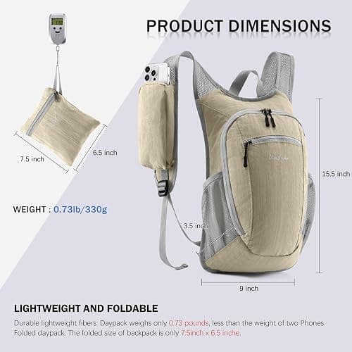 Uselike 10L Small Hiking Backpack Travel Daypack Lightweight Packable Back Pack for Women Men(Beige) thumbnail 2