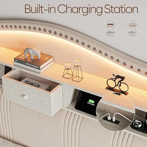 CIKUNASI 51.5" Full Size Bed Frame with Headboard and Storage | Velvet Upholstered Bed Frame with LED Lights & Charging Station | No Box Spring Needed Tall Footboard White thumbnail 4