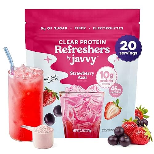 Javvy Clear Protein Powder with Clear Whey Protein, Strawberry Berry Acai | 10g Whey Protein & Collagen Peptides, Electrolyte Powder, Natural Flavors, 0g Sugar, 3g Fiber, 45mg Caffeine - Image 1