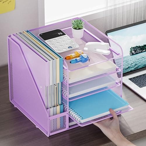 Marbrasse Desk Organizers and Accessories, 5-Tier Paper Letter Tray Organizer with File Holder, Mesh File Organizer, Office Desk Accessories & Organization for Supplies (Purple) thumbnail 4