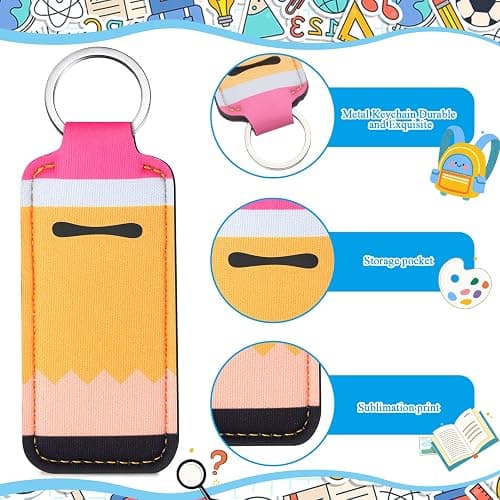 Yeyeplum 12 Pcs Back to School Lipstick Holder Keychains Bulk 6 Style | Lip Balm Case Sleeve for Women Purse Accessories, Teacher Appreciation Gifts Party Favors, Pocket Design with Keyring thumbnail 5