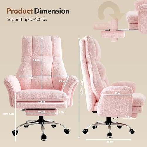 Big and Tall Office Chair, Flip Armrests for Pets & Cross Legged Sitting, Executive Ergonomic Computer Gaming Chair with Foot Rest, Teddy Fleece Wide Seat Reclining Desk Chair, Pink thumbnail 8