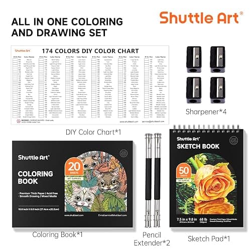 Shuttle Art 174 Colored Pencils for Adults, Soft Core Coloring Pencils Set with 1 Coloring Book, 1 Sketch Pad, 4 Sharpener, 2 Pencil Extender, Perfect for Artists Kids Adults, Drawing thumbnail 6