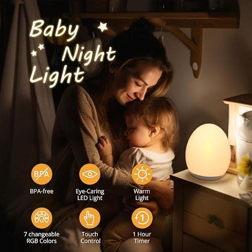 JolyWell Night Light for Kids, Baby Night Light with 7 Colors Changing Mode & Stepless Dimming, Nursery Night Light BPA Free,Rechargeable Egg Night Light for Breastfeeding 1h Timer & Touch Control thumbnail 2