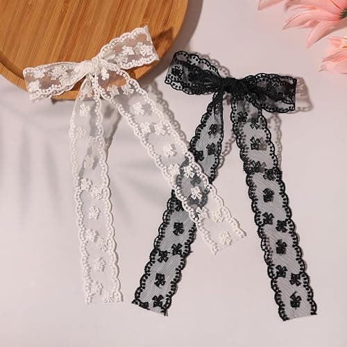 XFYUZR 4Pcs Large lace Hair Clips for Women Girls,Lace Tassel Bows Metal Clips with Long Tail Ribbons,Cute Hair Bows Barrette for Hair Accessories(Black,White) thumbnail 5