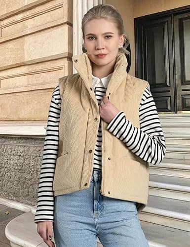 Aisongyuan Womens Corduroy Puffer Vest Stand Collar Zip Snap Button Sleeveless Warm Waistcoat Padded Gilet thumbnail 3