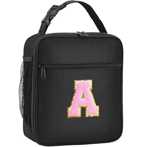 Initial Insulated Lunch Bag, Lunch Box with Initial Letter Patch for Teen Adult, Reusable Lunch Bag for Men Women, Ideal Back to School Gift Back to School Gift Birthday Gift, Pink A - Image 1