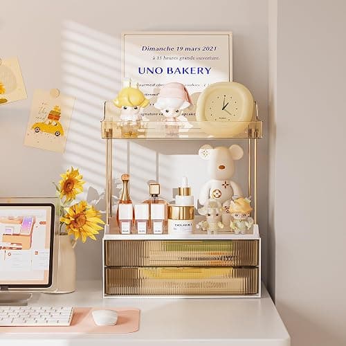 Delamu 4-Tier Makeup Organizer, Bathroom Counter Storage, 2 Drawers, Amber | Elegant Vanity Organizer Gift for Women, Holds Perfume, Skincare, Nail Polish & Hair Accessories for Bathroom Countertop thumbnail 5
