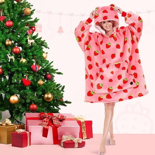 THREE POODLE Wearable Blanket Hoodie for Women, Oversized Sherpa Sweatshirt Blanket for Adults Men, Cozy Strawberry Hooded Blankets, Gifts for Teen Girls Women Mom Sister thumbnail 7