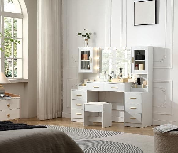 FOREST GRAVITY 58.3'' Large Vanity with Folding Up Mirror and Lights,Makeup Vanity Desk with Mirror and Lights,Outlet, Chair and Two Makeup Organizers,Dressing Table for Bedroom,White thumbnail 11