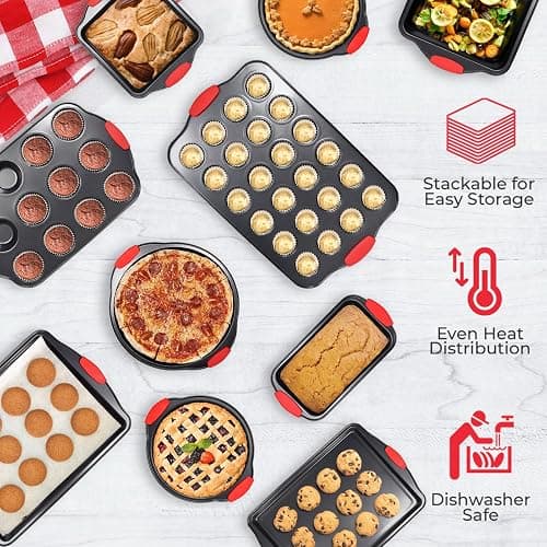 PERLLI Non-Stick 10-Piece Baking Pan Set, BPA-Free Carbon Steel Bakeware Set with Silicone Handles, Stackable Kitchen Oven Set, Cookie Sheet, Baking Tray, Baking Sheet Set, Oven Safe (446°F) thumbnail 4