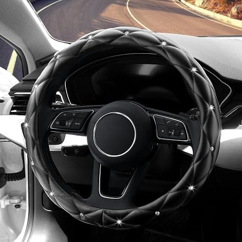 YOGURTCK Diamond Soft Leather Anti-Slip Steering Wheel Cover with Bling Bling Crystal Rhinestones, Universal 15 Inch for Women Girls, Fit Vehicles, Sedans, SUVs, Vans, Trucks - Black thumbnail 3
