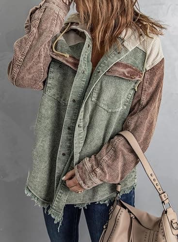 Dokotoo Womens 2025 Fall Corduroy Shacket Jacket Long Sleeve Button Down Color Block Hooded Coat with Pockets thumbnail 3