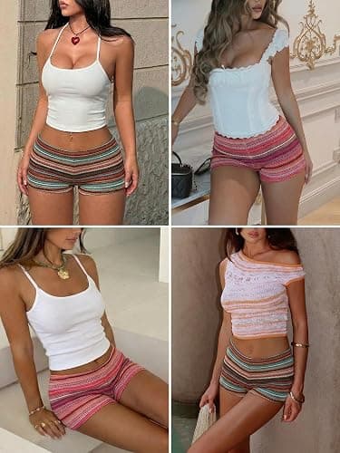 ELLEVEN Women's Elastic Crochet Striped Knit Shorts | Y2K Sexy Micro Shorts for Women, Summer Beach Outfits, Festival Mini Shorts thumbnail 6