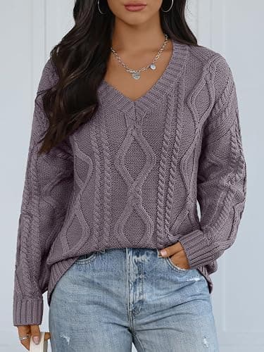 Trendy Queen Oversized Cable Knit Sweaters for Women 2025 Cozy Pullover Knit Fall Outfits V Neck Cute Winter Clothing thumbnail 2